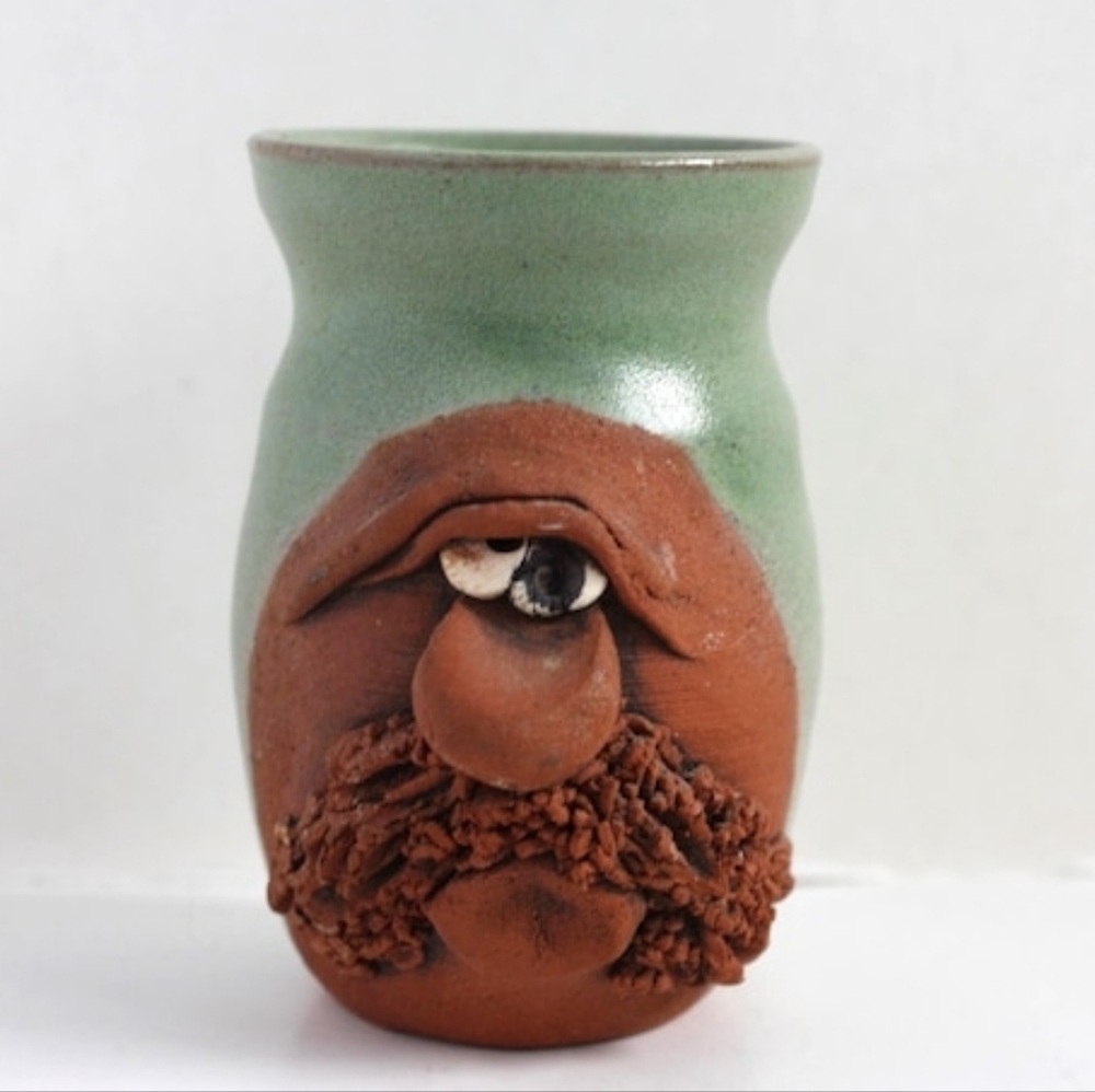 Vintage Celadon Green Funny Face Mini Vase - Signed Fun Home Decor Whimsy